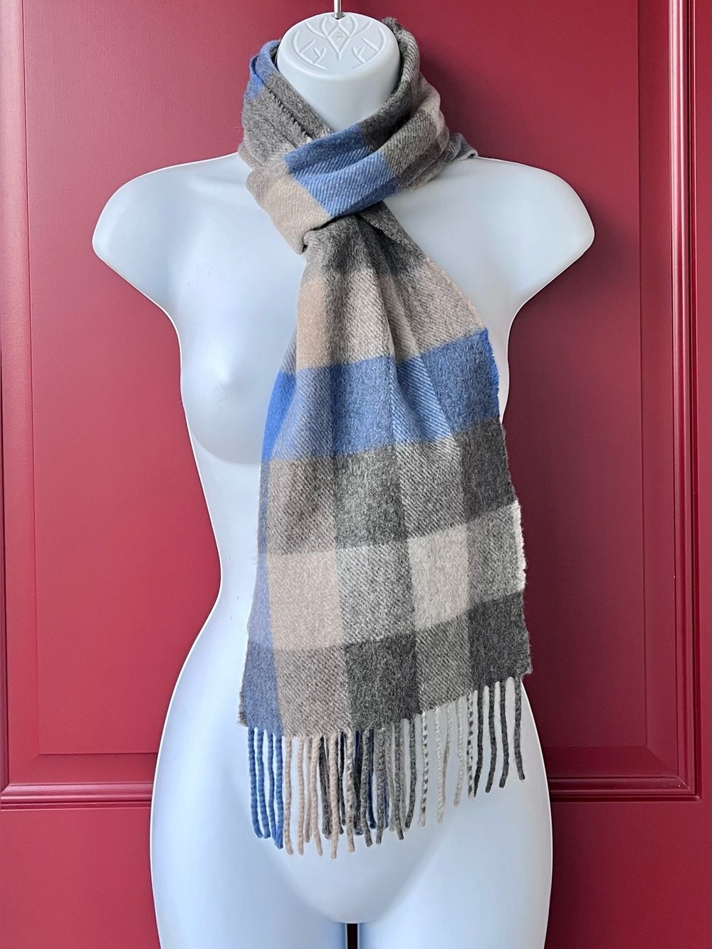 Vintage Cashmere Scarf Made in Scotland - Blue, Grey, and Tan